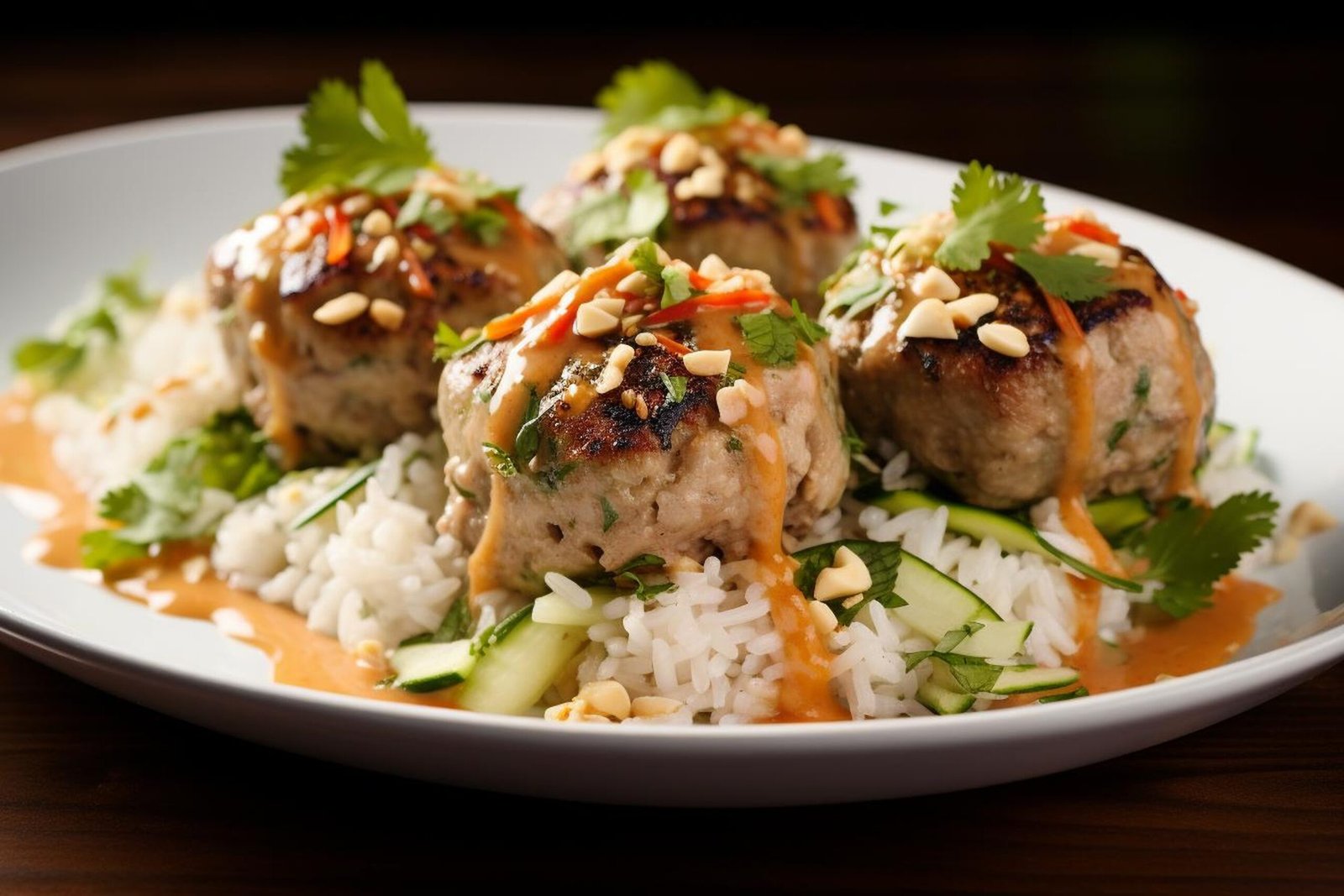Boulettes de légumes à l'asiatique, sauce curry et riz thaï